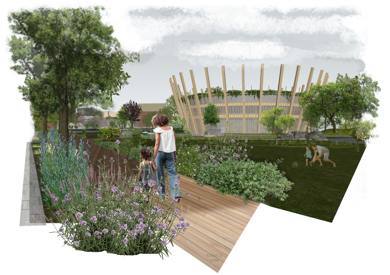 An artist's rendering of proposal for the Broadmarsh site, depicting the central park and walkway with the eco-building for co-working and creative arts in the background